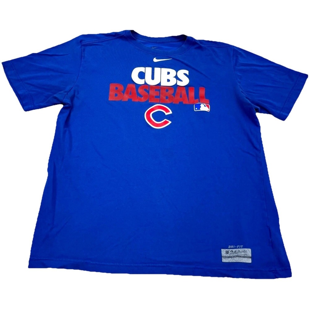Chicago Cubs Shirt Men Large Blue Tee Nike Dri Fit Center Swoosh Training Adult*